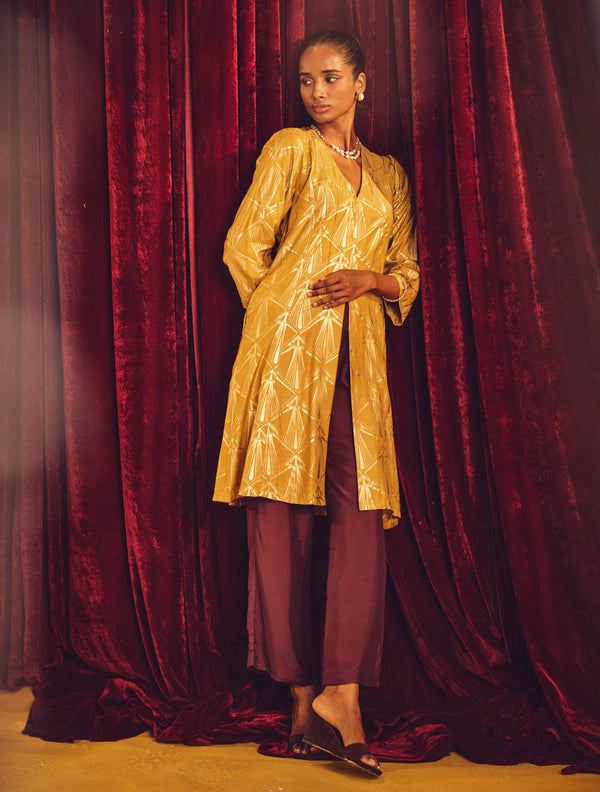 trueBrowns Mustard Gold Foil Print Muslin Silk Fit And Flared Kurta co-ord Set