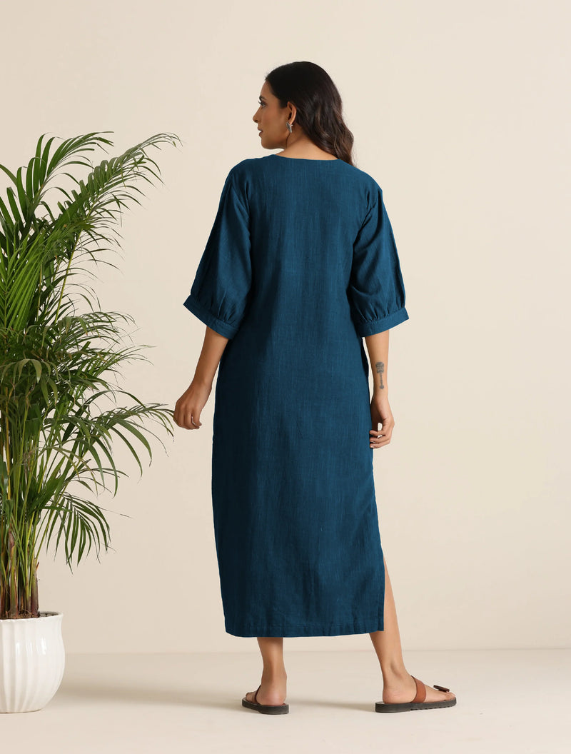 trueBrowns Blue Cotton Blend Long Dress