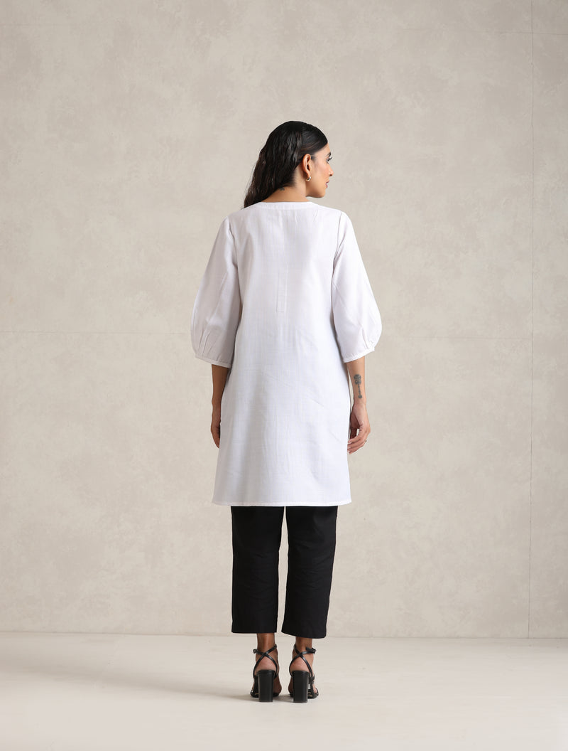 trueBrowns White Cotton Blend Short Kurta