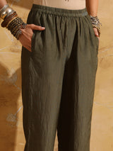 trueBrowns Green Cream Floral Print Muslin Silk High-Slit Kurta Set