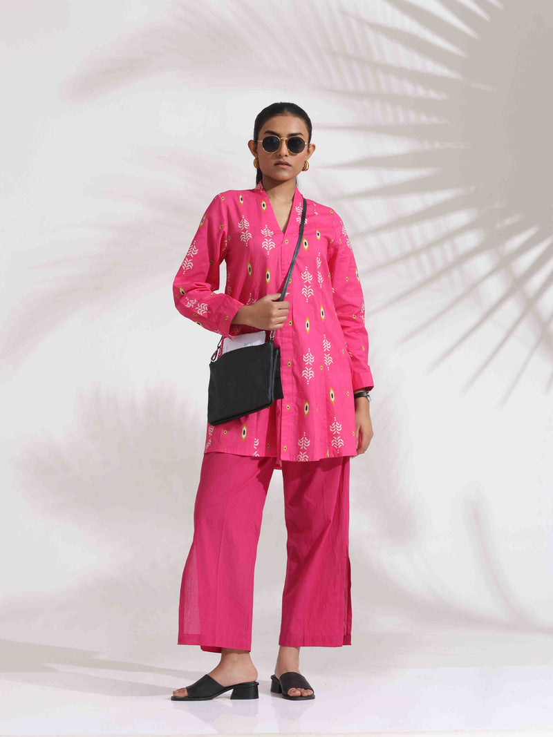 trueBrowns Pink Cotton Print Flared Top Co-ord Set