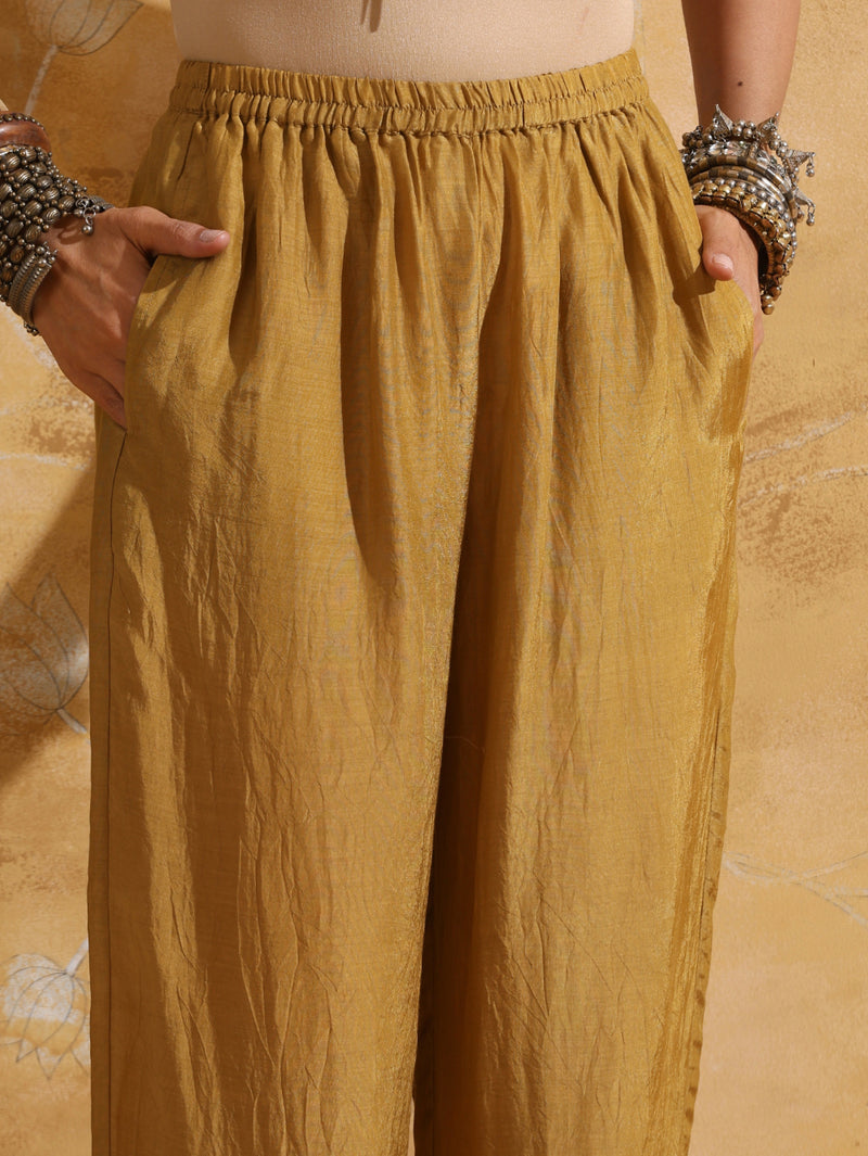 trueBrowns Mustard Jaal Print Muslin Silk High-Slit Fit and Flared Kurta Set