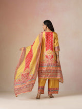 trueBrowns Yellow Print A-Line Kurta 3pc Set