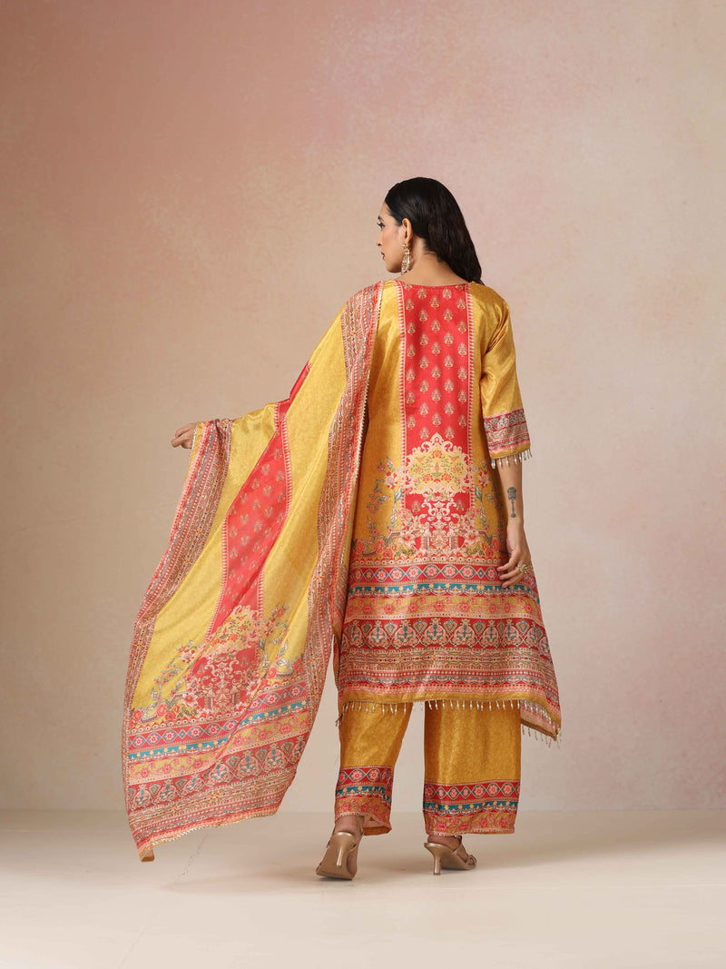 trueBrowns Yellow Print A-Line Kurta 3pc Set