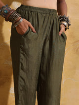 trueBrowns Green Cream Floral Print Muslin Silk Straight Kurta Set