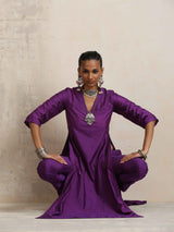 trueBrowns Purple Silk High Slit Kurta Set