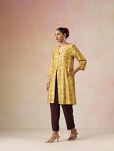 trueBrowns Mustard Gold Foil Print Muslin Silk Fit And Flared Kurta co-ord Set