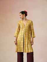 trueBrowns Mustard Gold Foil Print Muslin Silk Fit And Flared Kurta co-ord Set