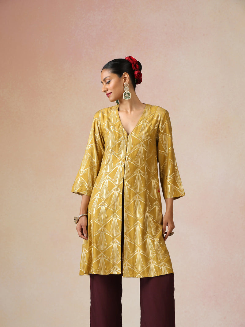 trueBrowns Mustard Gold Foil Print Muslin Silk Fit And Flared Kurta co-ord Set