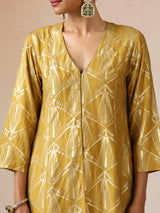 trueBrowns Mustard Gold Foil Print Muslin Silk Fit And Flared Kurta co-ord Set