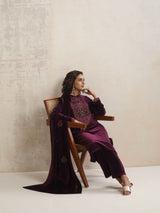 trueBrowns Purple Velvet Floral Embroidered Kurta Pant Dupatta Set