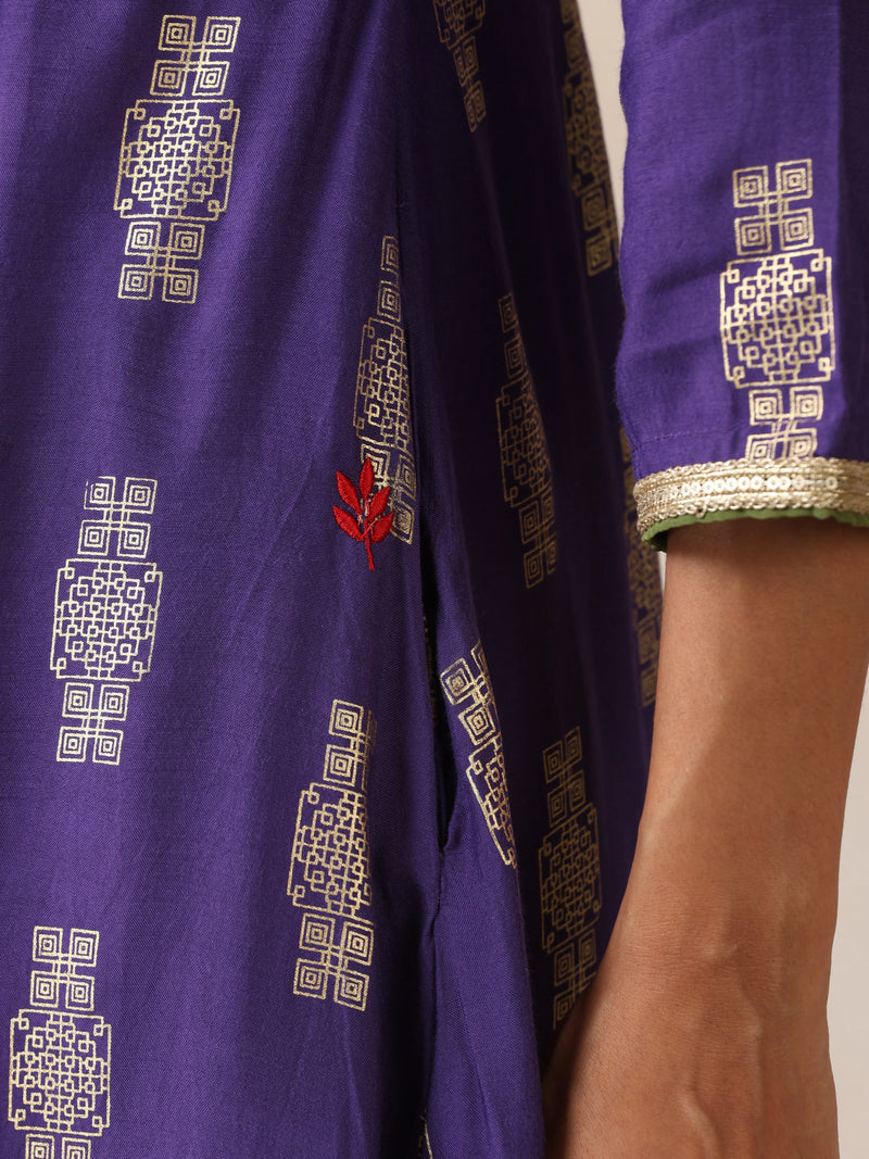 trueBrowns Purple Gold Foil Print Muslin Silk Anarkali Kurta Pants Dupatta Set