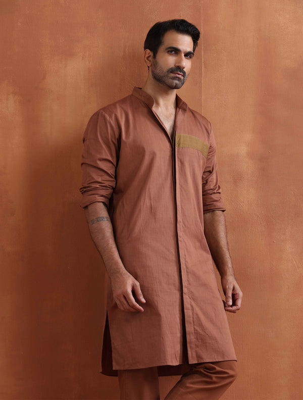 trueBrowns Men's Brown Cotton Front Open Kurta