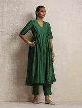 trueBrowns Dark Green Silk Arkali Flared Kurta Set