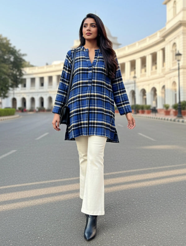 trueBrowns Blue Check Round V-Neck Top