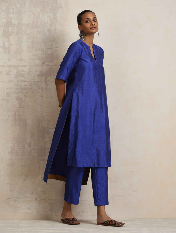 trueBrowns Blue Silk High Slit Kurta Set