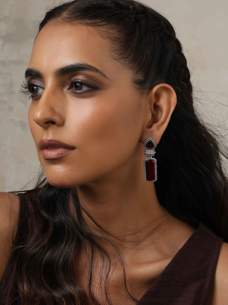 trueBrowns Silver tone Red Stone Drop Earrings
