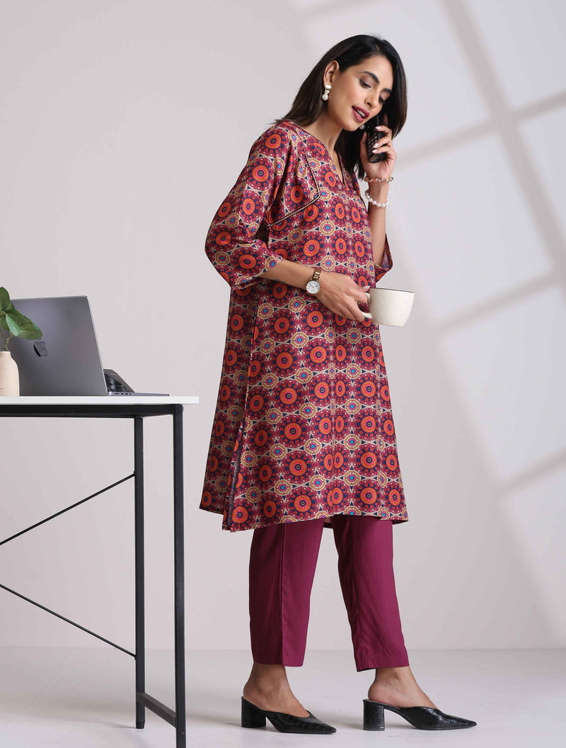 trueBrowns Beige Mandala Print Kurta Co-ord Set