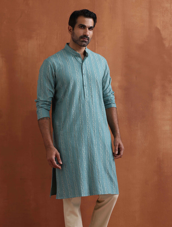 trueBrowns Men's Green Textured Cotton Dobby Kurta