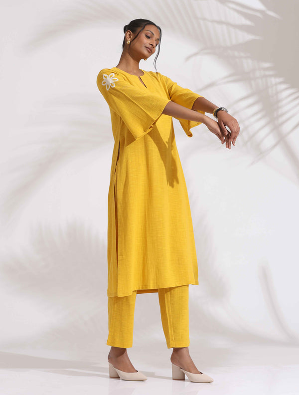 trueBrowns Yellow Cotton Slub Embroidered Straight Kurta Set