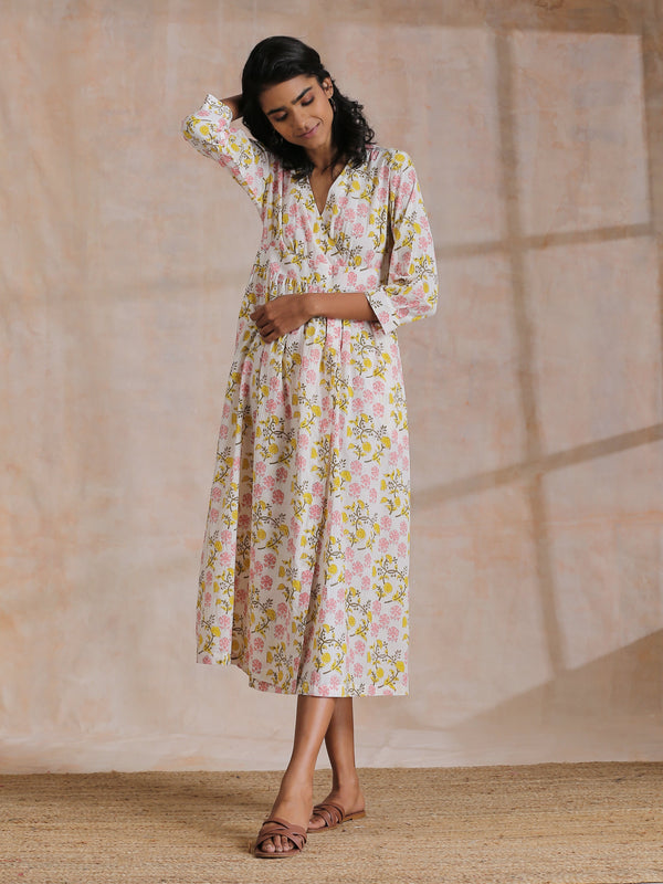 Pink Yellow Floral On White Block Print Cotton Wrap Dress