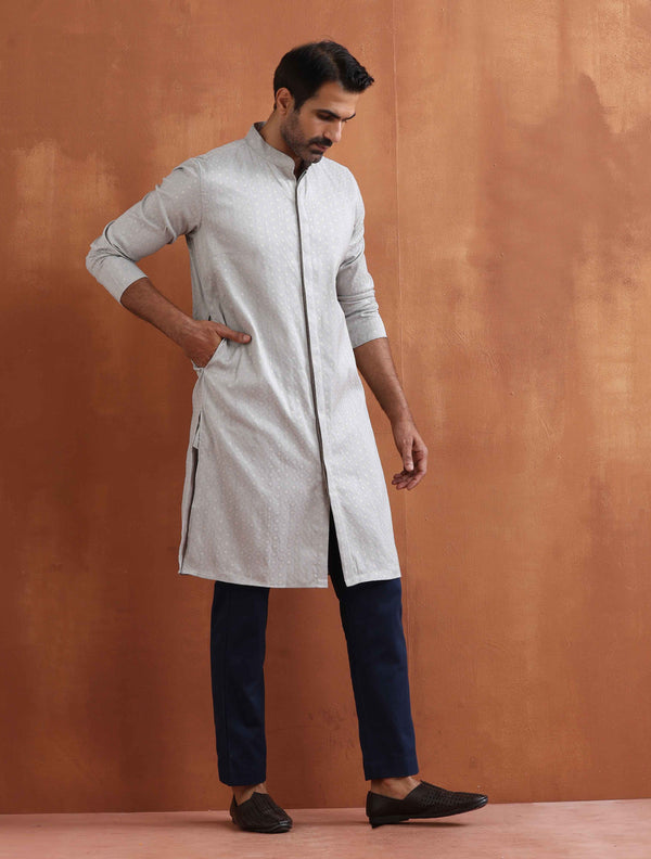 trueBrowns Men's Grey Chanderi Front Open Kurta