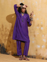trueBrowns Purple Muslin Silk A-line Kurta Co-ord Set