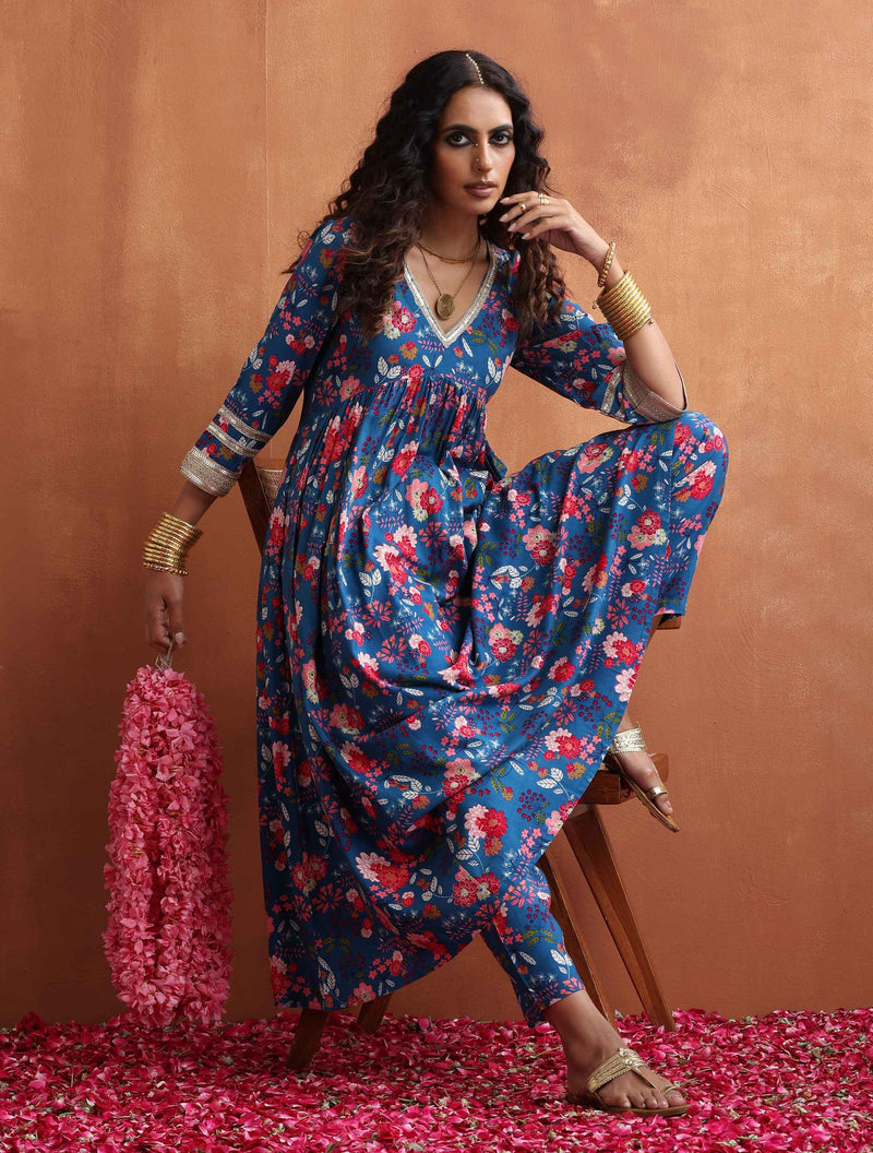 trueBrowns Blue Print Flared Anarkali Kurta Set