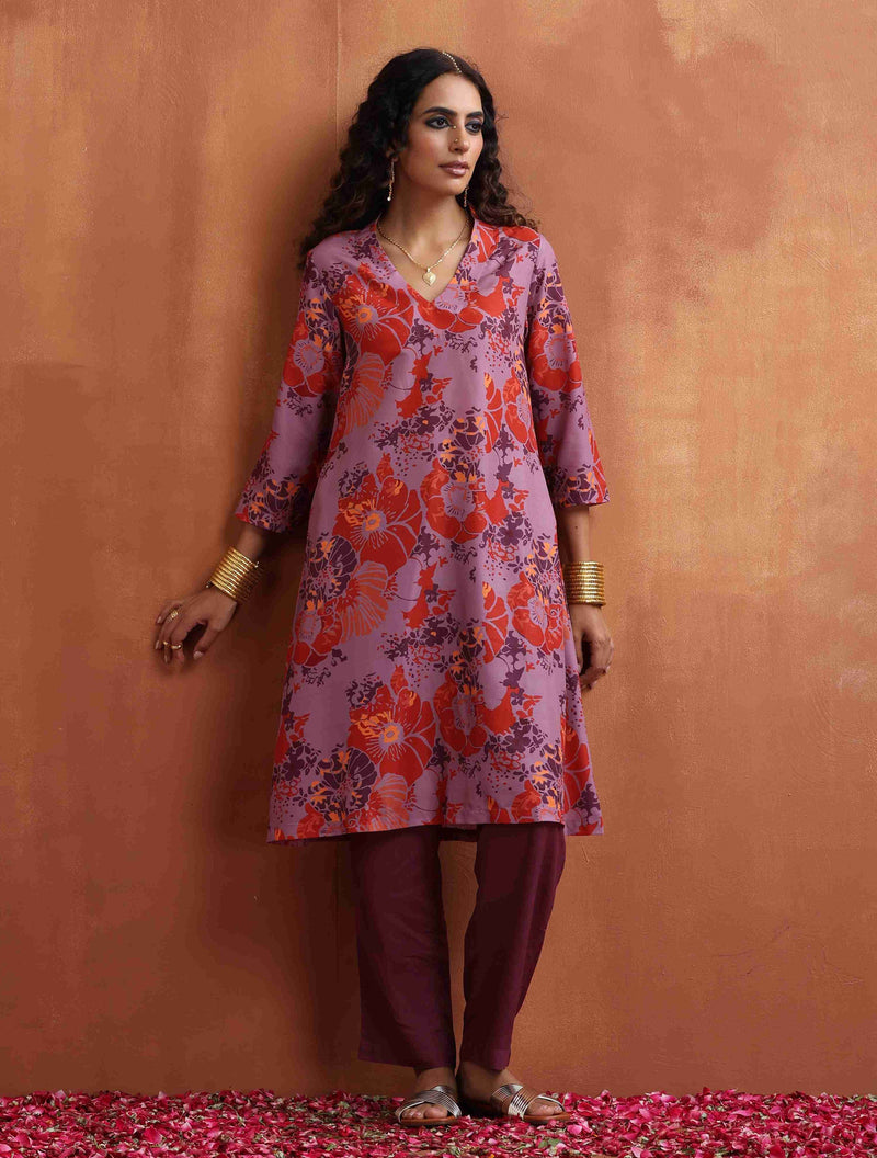 trueBrowns Purple Print Kurta Co-ord Set