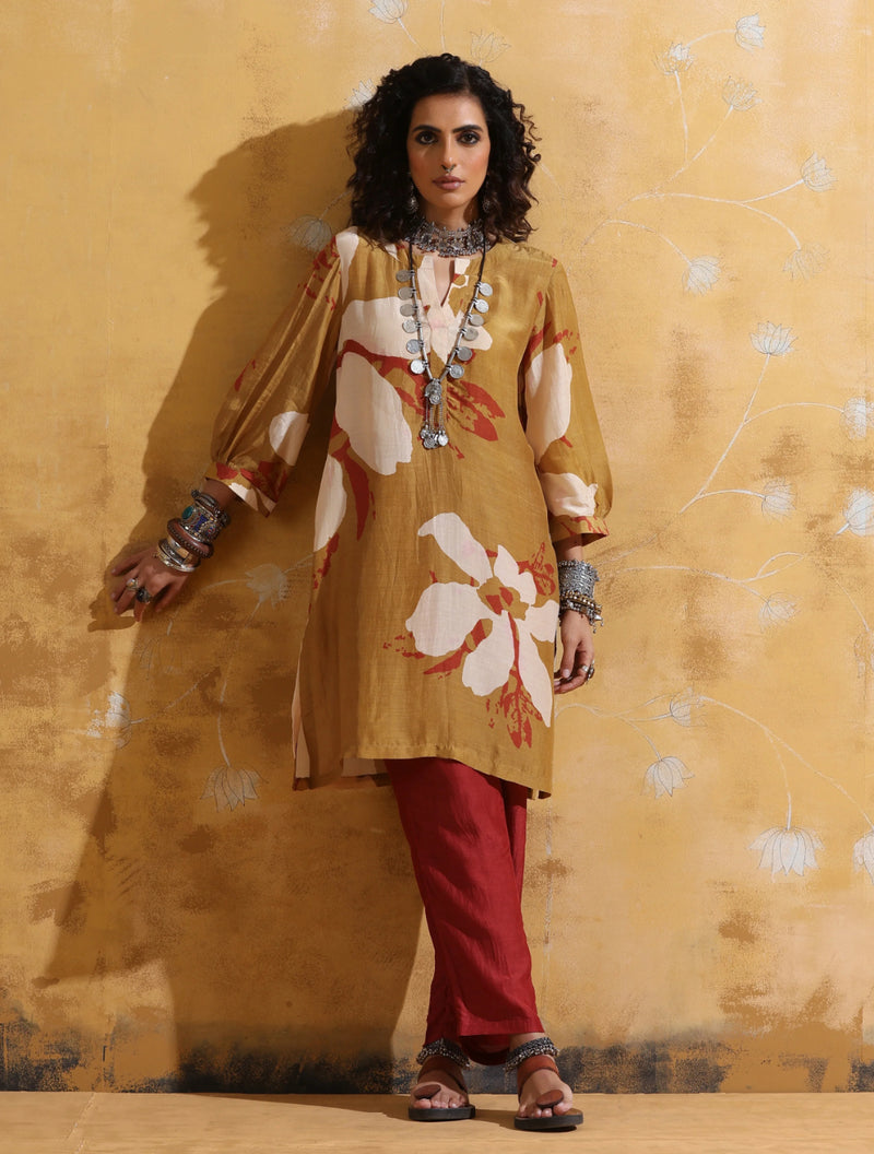 trueBrowns Mustard Rust Red Floral Print Muslin Silk Kurta Co-ord Set
