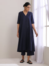 Blue Slub High Slit Kurta Pant Set