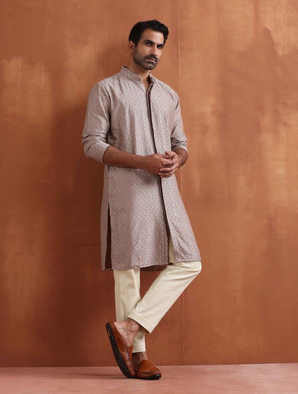 trueBrowns Men's Beige Cotton Dobby Kurta