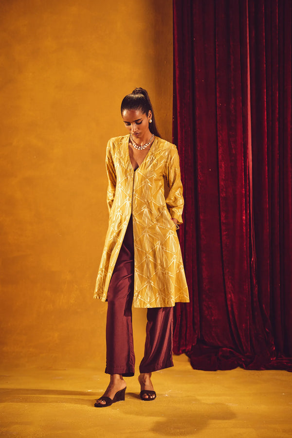 trueBrowns Mustard Gold Foil Print Muslin Silk Fit And Flared Kurta co-ord Set