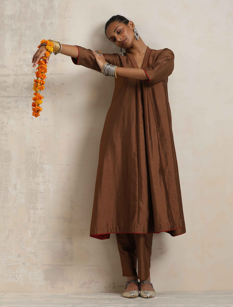 trueBrowns Brown Silk Kurta Set