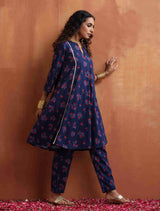 trueBrowns Blue Floral Print Flared Anarkali Kurta Co-ord Set