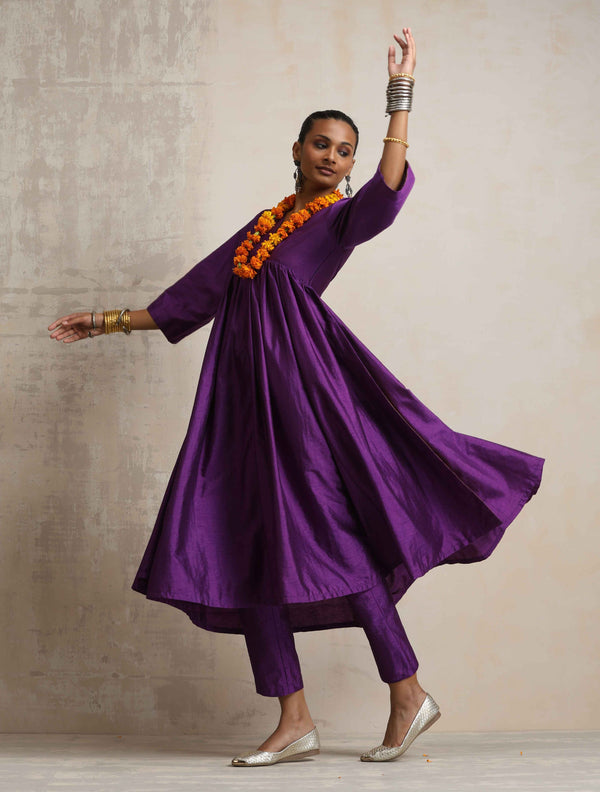 trueBrowns Purple Silk Anarkali Flared Kurta Set