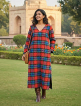 trueBrowns Red Blue Check Straight Maxi Woollen Dress