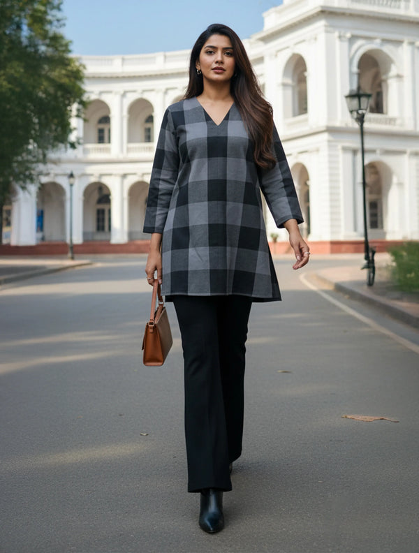 trueBrowns Black Check High Slit Kurta