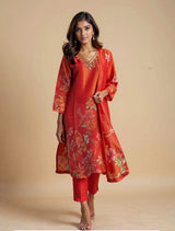 trueBrowns Orange Printed Straight Kurta Pant Dupatta Set