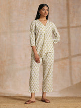 Green Buta On Off-White Block Print Cotton Co-Ord Set