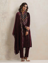 trueBrowns Purple Velvet Geometric Embroidered Kurta Pant Dupatta Set