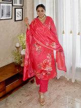 trueBrowns Pink Floral V-Neck Emb Straight Kurta Pant Dupatta Set