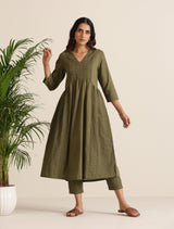 trueBrowns Olive Cotton Cutwork Embroidered Kurta Set