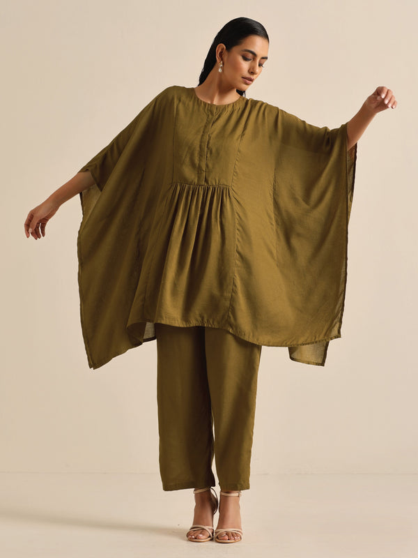 Olive Green Texture Doddy Kaftan Gathered Co-Ord Set