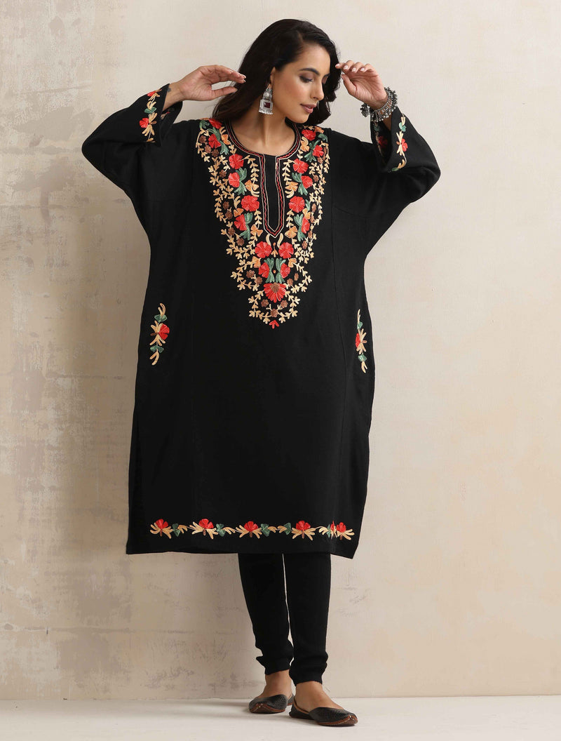 trueBrowns Black Kashmiri Embroidered Woollen Phiran Kurta