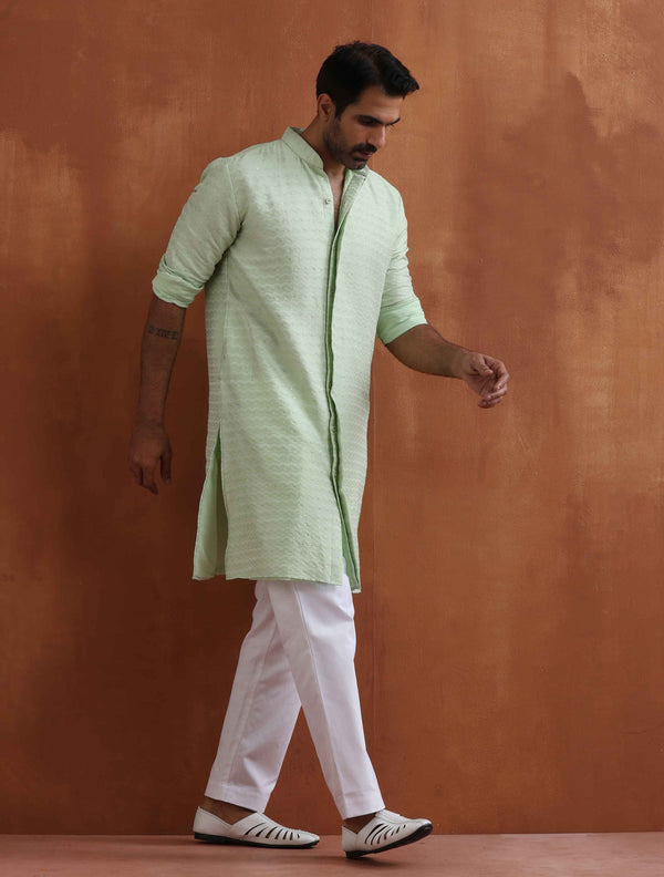 trueBrowns Men's Green Sequin Chanderi Kurta