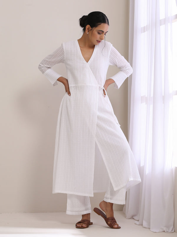 White Dobby Angrakha Kurta Pant Set