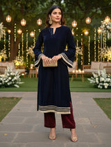 trueBrowns Navy Velvet High-Slit Kurta