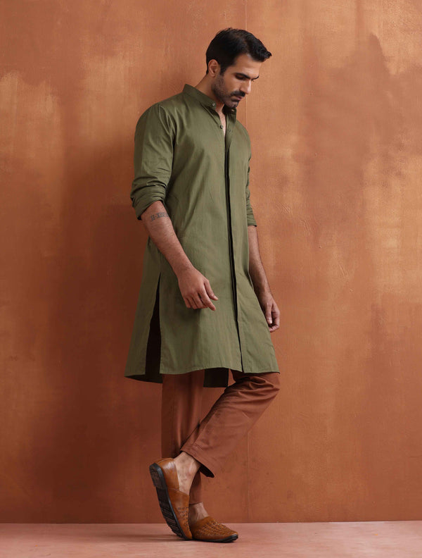 trueBrowns Men's Olive Green Cotton Front Open Kurta