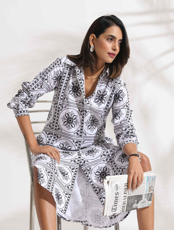trueBrowns White Cotton Print Shirt Dress